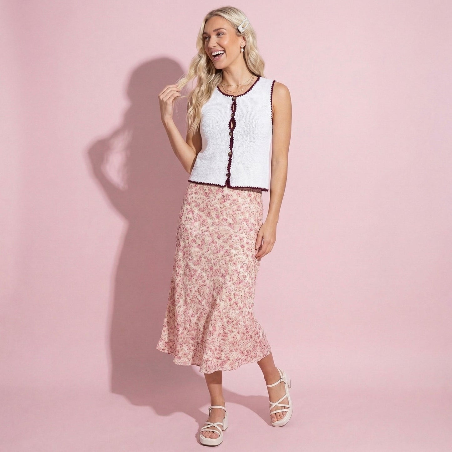 Anna-Kaci Sleeveless Knit Button Front Top with Contrast Trim Detail