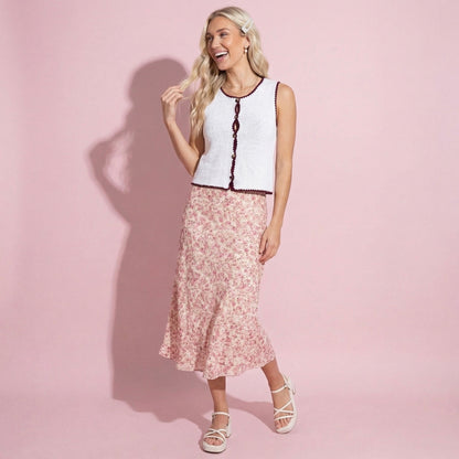 Anna-Kaci Sleeveless Knit Button Front Top with Contrast Trim Detail