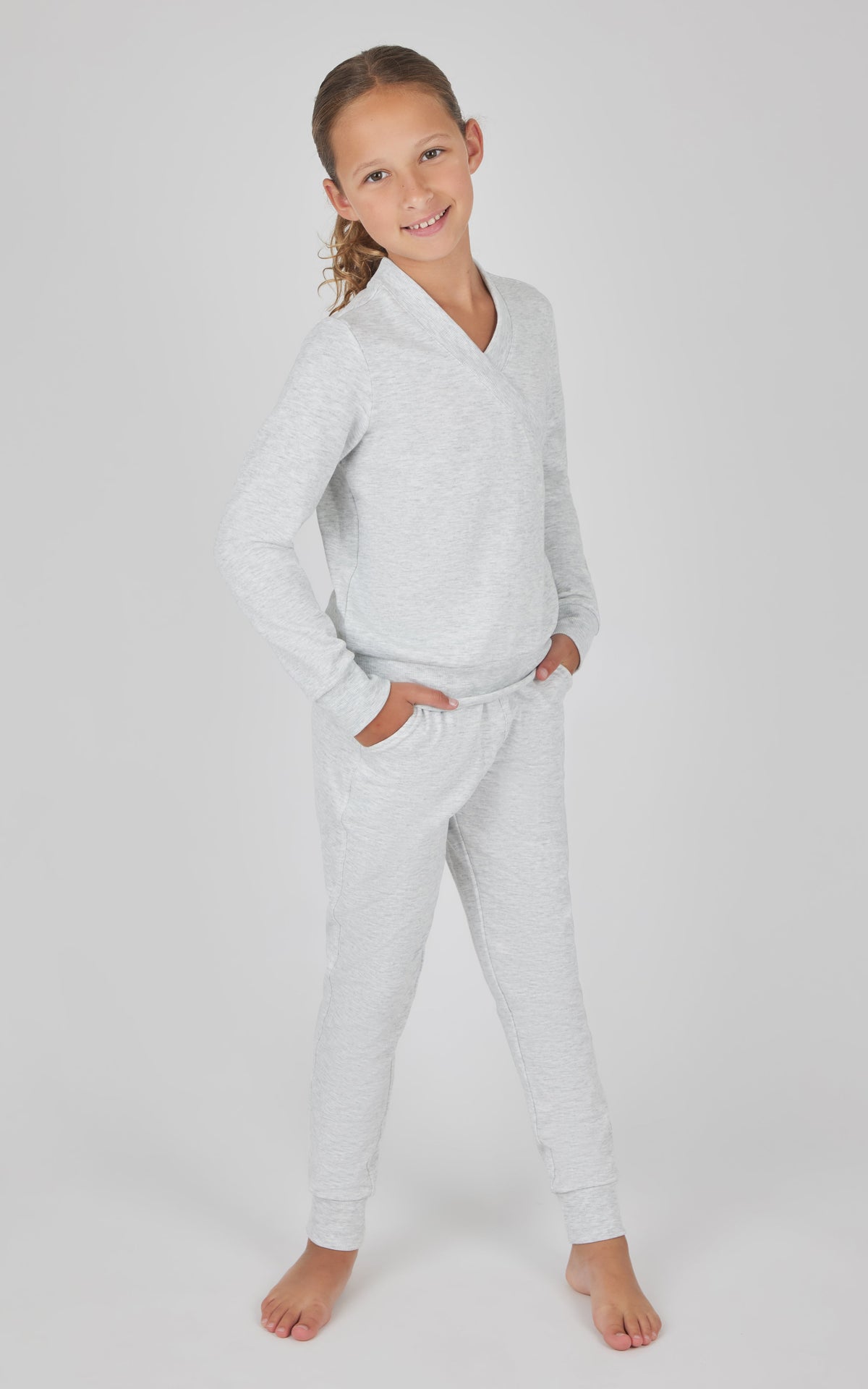 90 Degree by Reflex Girls 2 PC Terry Crossover Long Sleeve Top + Brushed Jogger Set