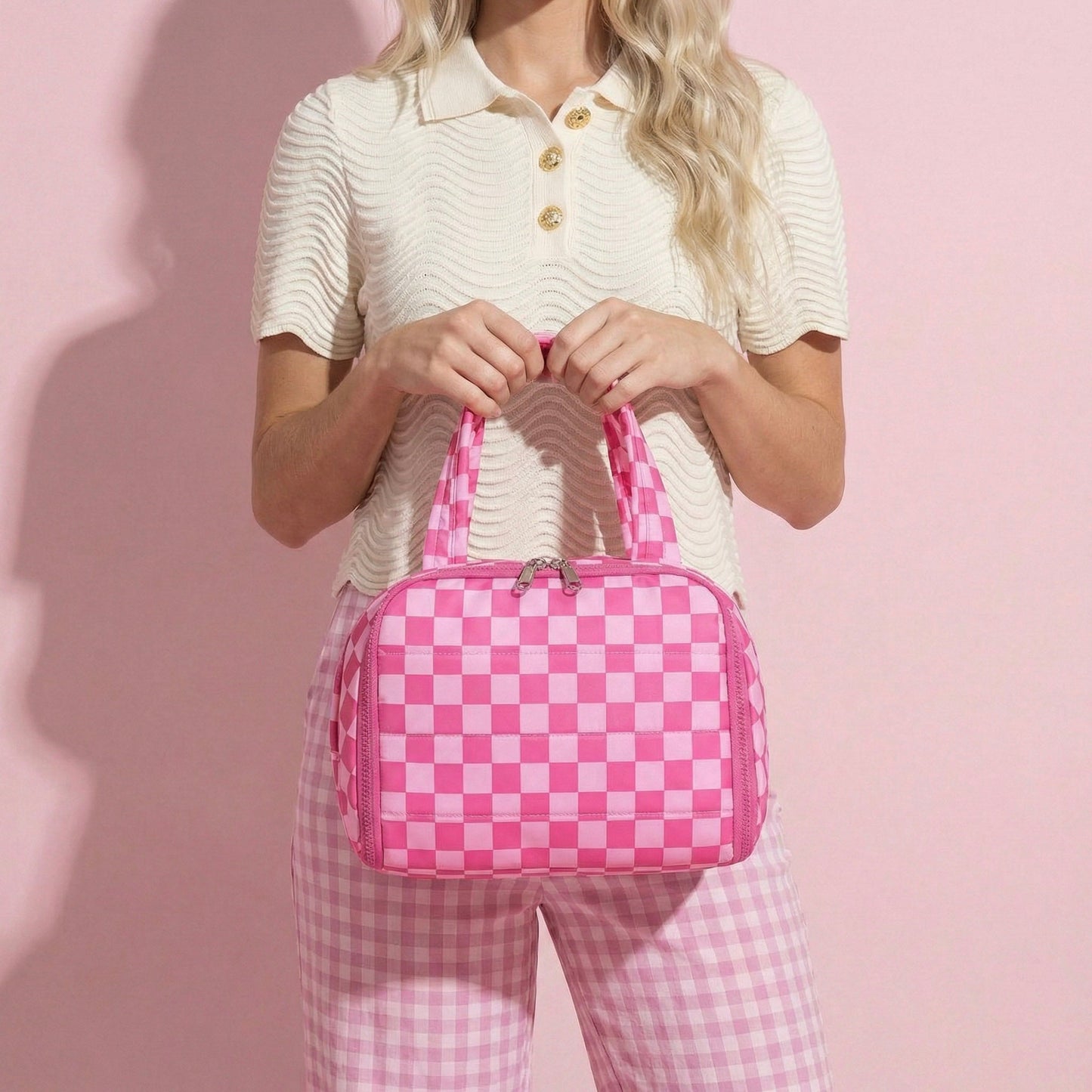 Anna-Kaci Checkered Makeup Brush Storage Bag with Zipper Compartments and Carry Handles