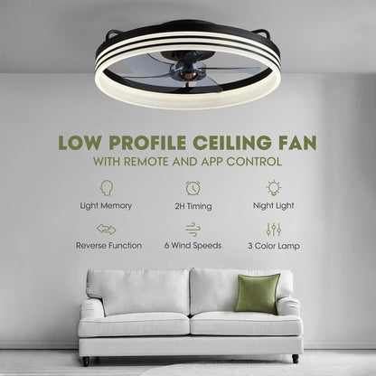 20 Inch Black Flush Mount Ceiling Fan With Lights And Remote by ShipItFurniture