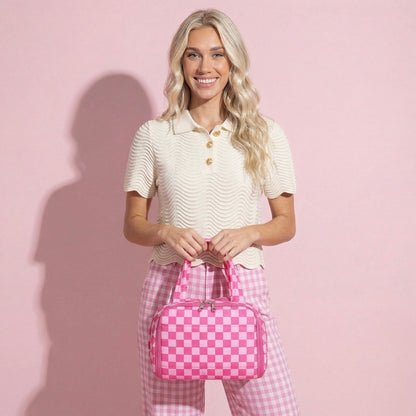 Anna-Kaci Checkered Makeup Brush Storage Bag with Zipper Compartments and Carry Handles