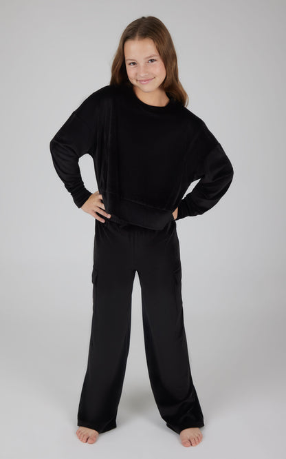 90 Degree by Reflex Girls Velour Crew Pullover With Cargo Pocket Pant