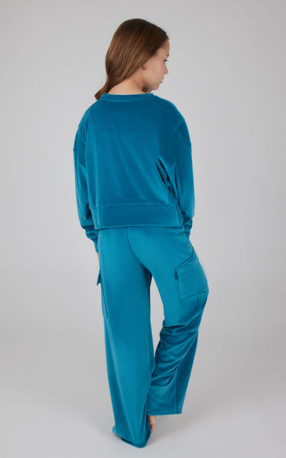 90 Degree by Reflex Girls Velour Crew Pullover With Cargo Pocket Pant