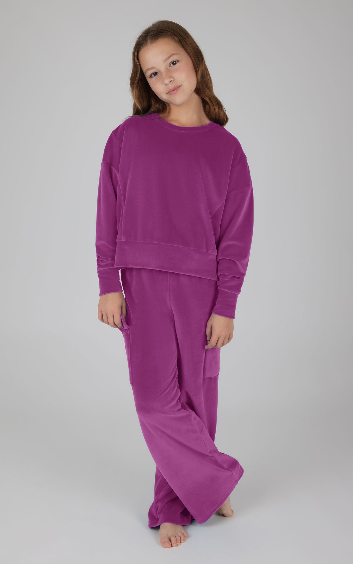 90 Degree by Reflex Girls Velour Crew Pullover With Cargo Pocket Pant