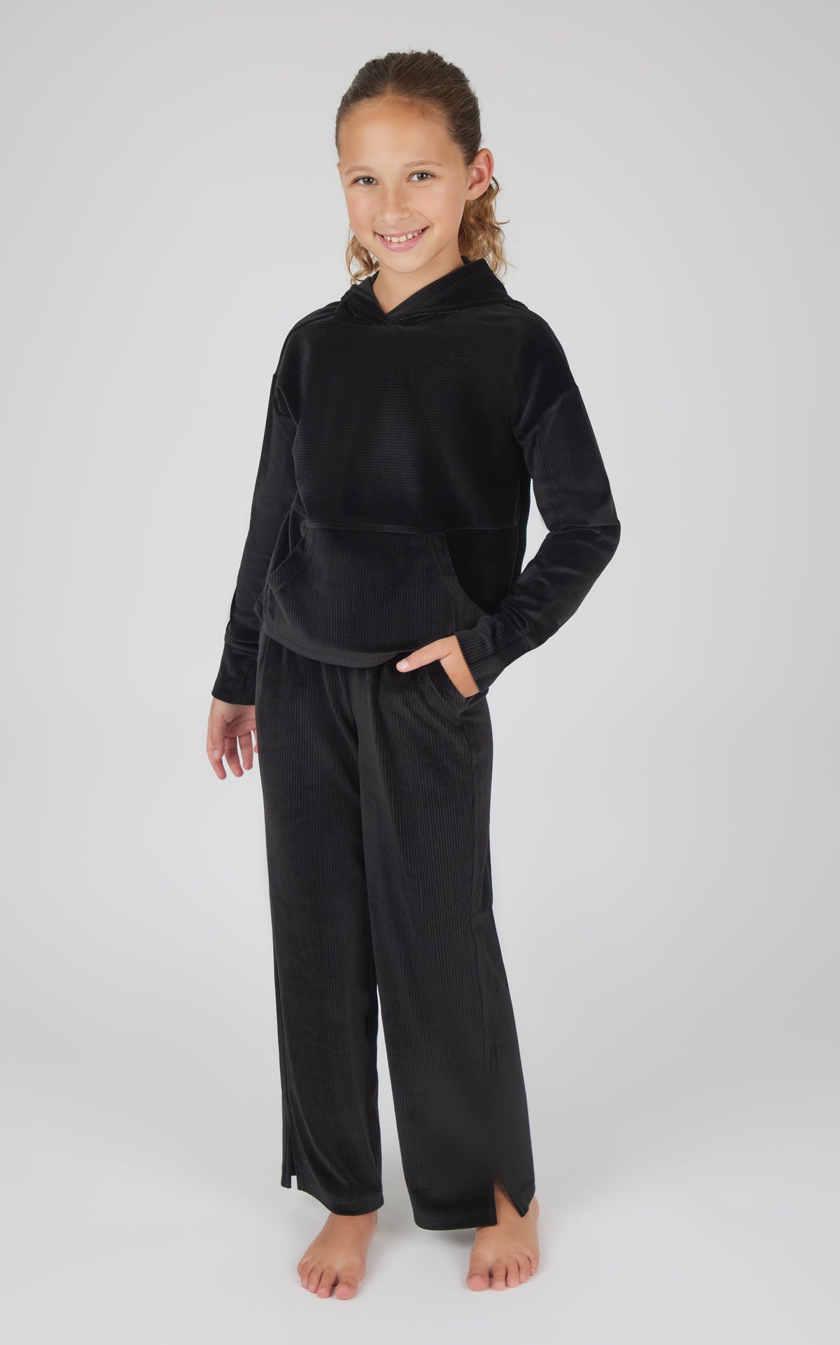 90 Degree by Reflex Girls 2 PC Ribbed Velour Hoodie and Straight Leg Pant