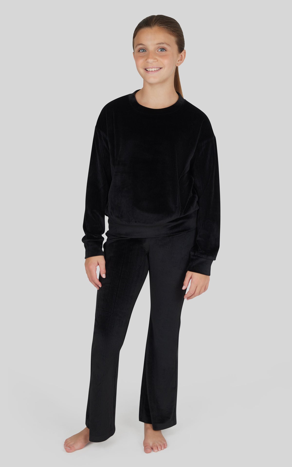90 Degree by Reflex Girls Rib Velour Crew Neck Top With Pockets + Rib Velour Crossover Flared Leg Pant + Scrunchie Set