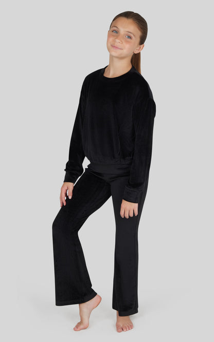 90 Degree by Reflex Girls Rib Velour Crew Neck Top With Pockets + Rib Velour Crossover Flared Leg Pant + Scrunchie Set
