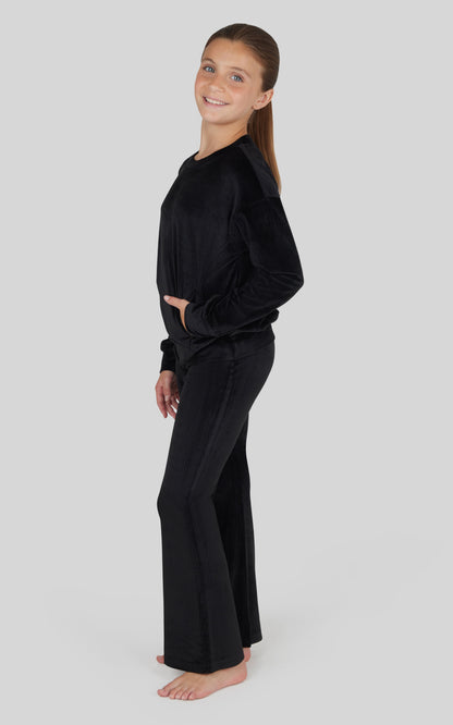 90 Degree by Reflex Girls Rib Velour Crew Neck Top With Pockets + Rib Velour Crossover Flared Leg Pant + Scrunchie Set