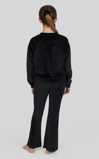 90 Degree by Reflex Girls Rib Velour Crew Neck Top With Pockets + Rib Velour Crossover Flared Leg Pant + Scrunchie Set