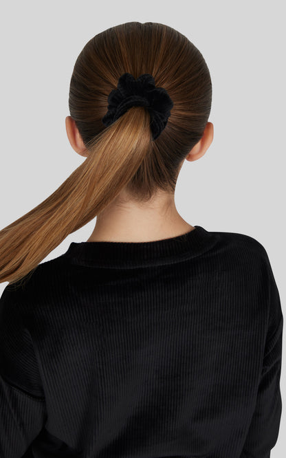 90 Degree by Reflex Girls Rib Velour Crew Neck Top With Pockets + Rib Velour Crossover Flared Leg Pant + Scrunchie Set
