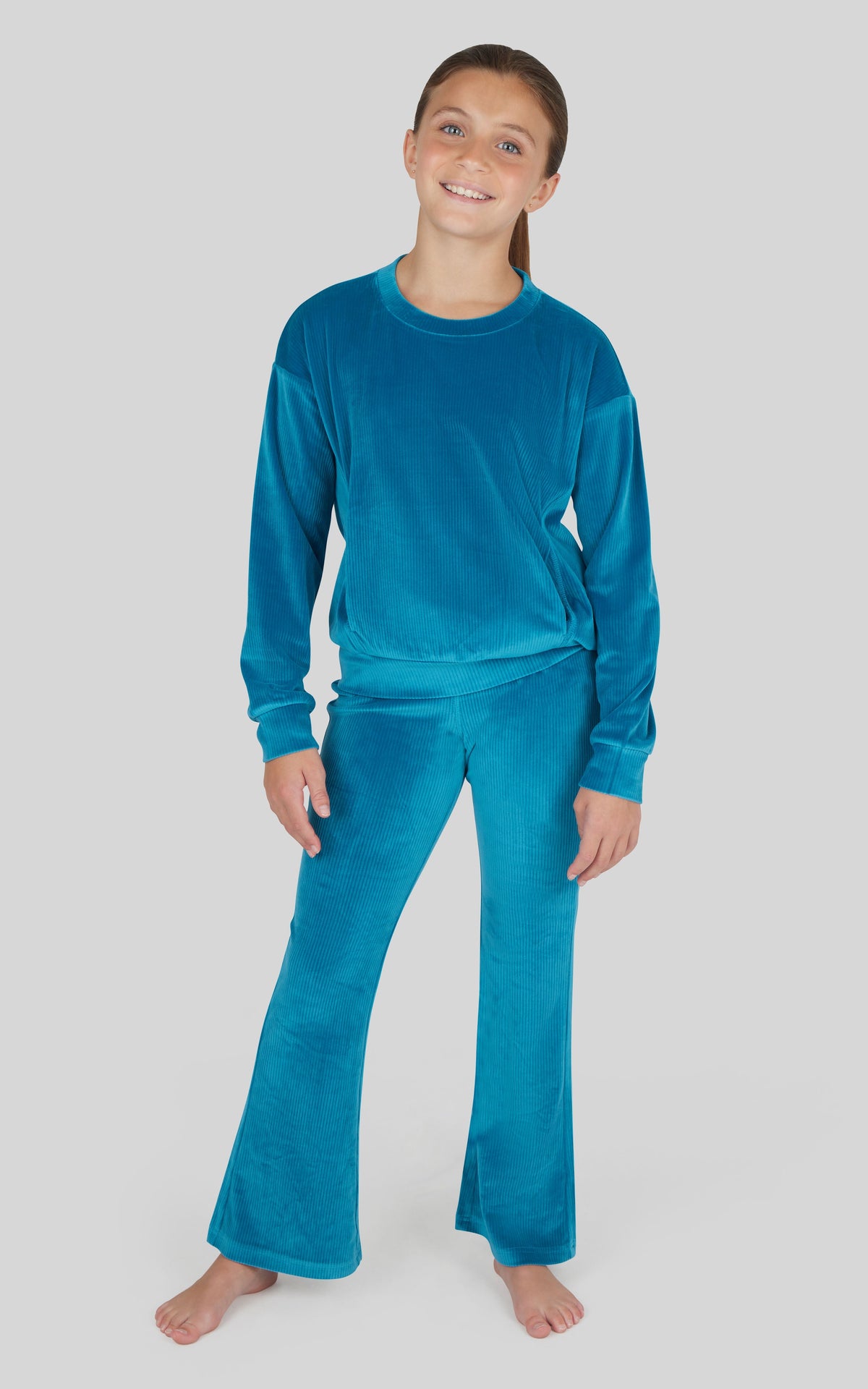 90 Degree by Reflex Girls Rib Velour Crew Neck Top With Pockets + Rib Velour Crossover Flared Leg Pant + Scrunchie Set