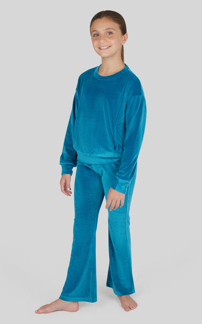 90 Degree by Reflex Girls Rib Velour Crew Neck Top With Pockets + Rib Velour Crossover Flared Leg Pant + Scrunchie Set