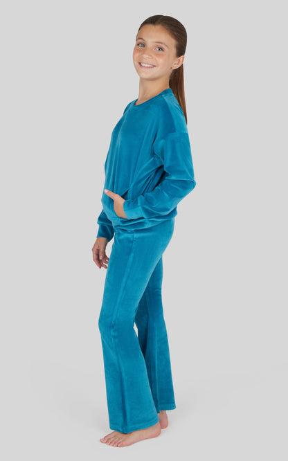 90 Degree by Reflex Girls Rib Velour Crew Neck Top With Pockets + Rib Velour Crossover Flared Leg Pant + Scrunchie Set