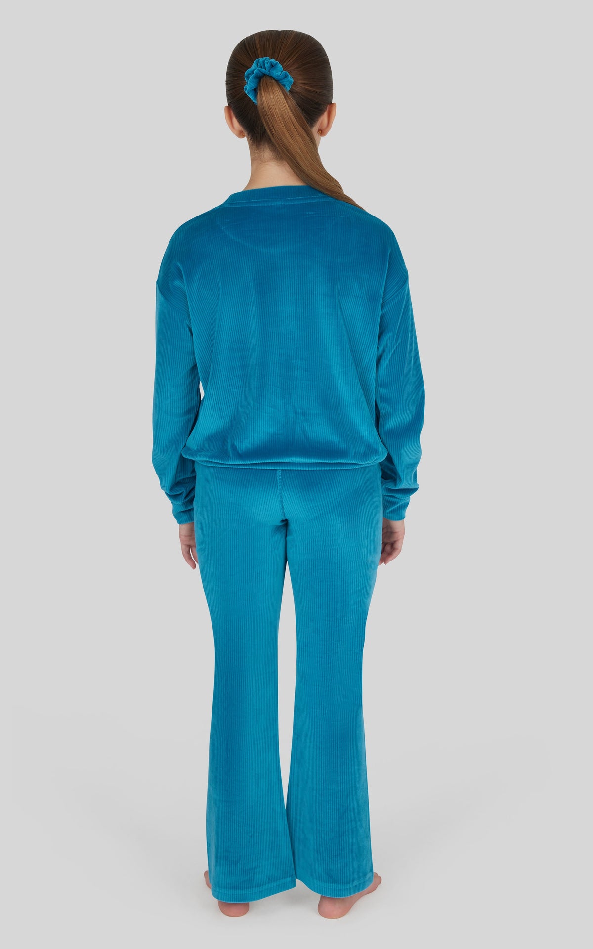 90 Degree by Reflex Girls Rib Velour Crew Neck Top With Pockets + Rib Velour Crossover Flared Leg Pant + Scrunchie Set