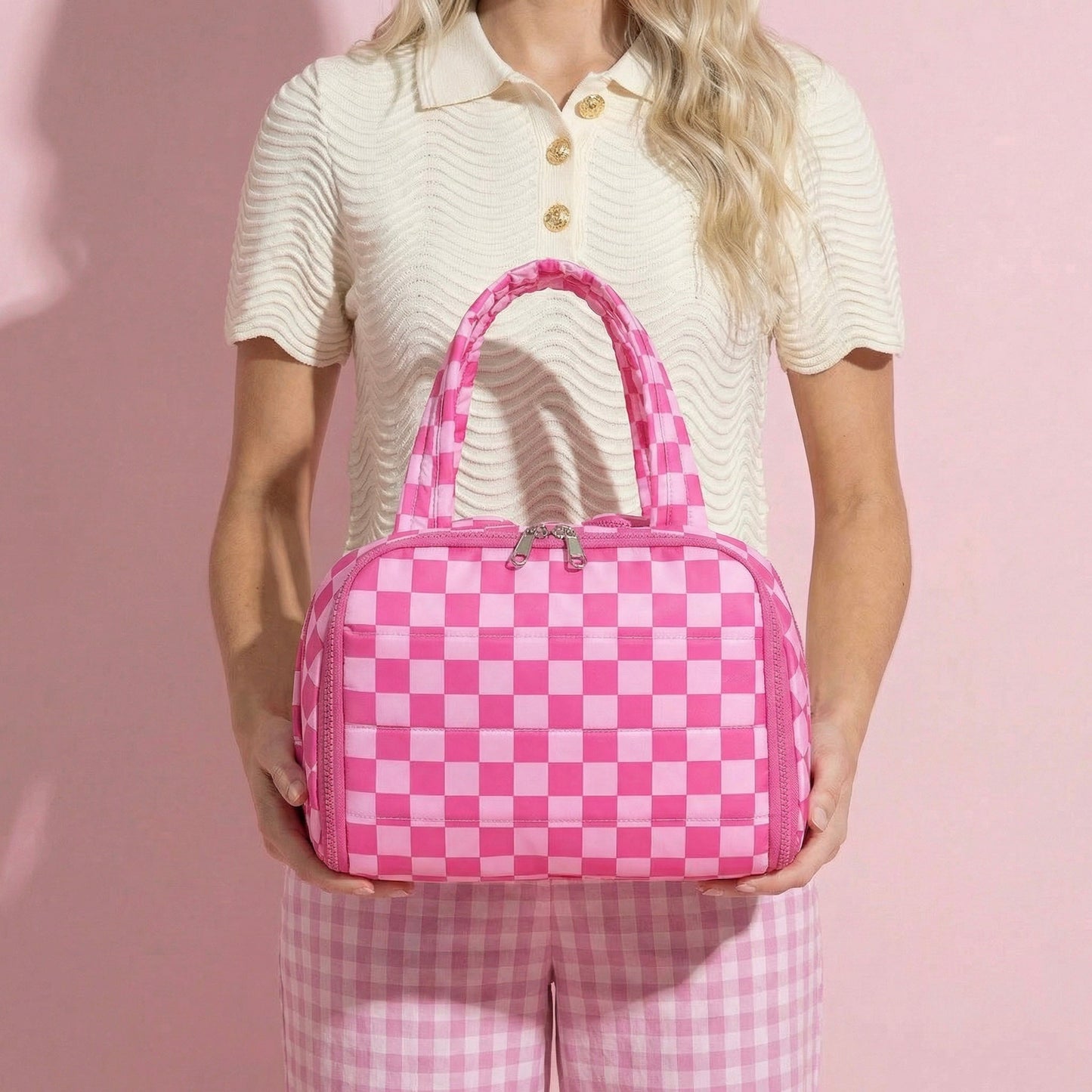 Anna-Kaci Checkered Makeup Brush Storage Bag with Zipper Compartments and Carry Handles