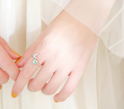 Elegant Fishtail Aurora Moonstone Ring | S925 Sterling Silver Mermaid Tail Ring | Minimalist Iridescent Moonstone Index Finger Ring | Aesthetic Mythical Sea-Inspired Jewelry