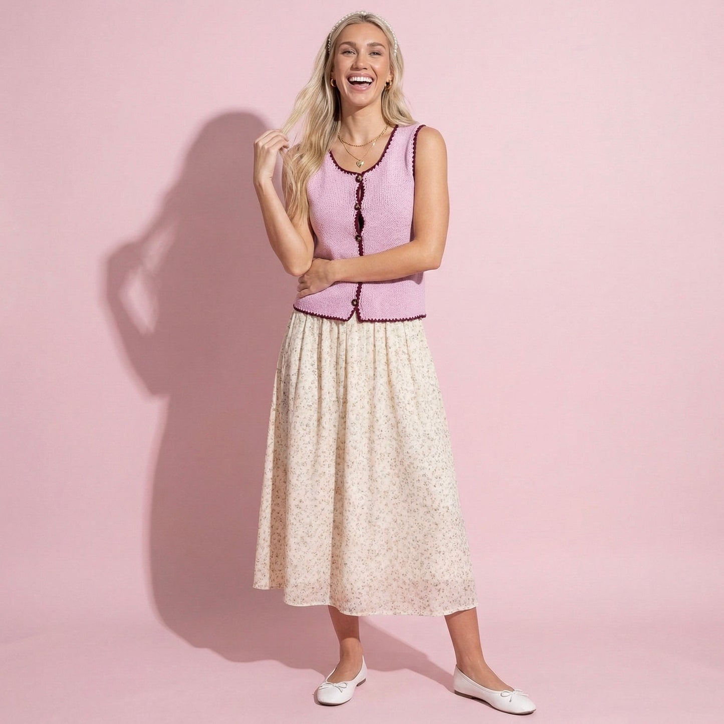 Anna-Kaci Sleeveless Knit Button Front Top with Contrast Trim Detail