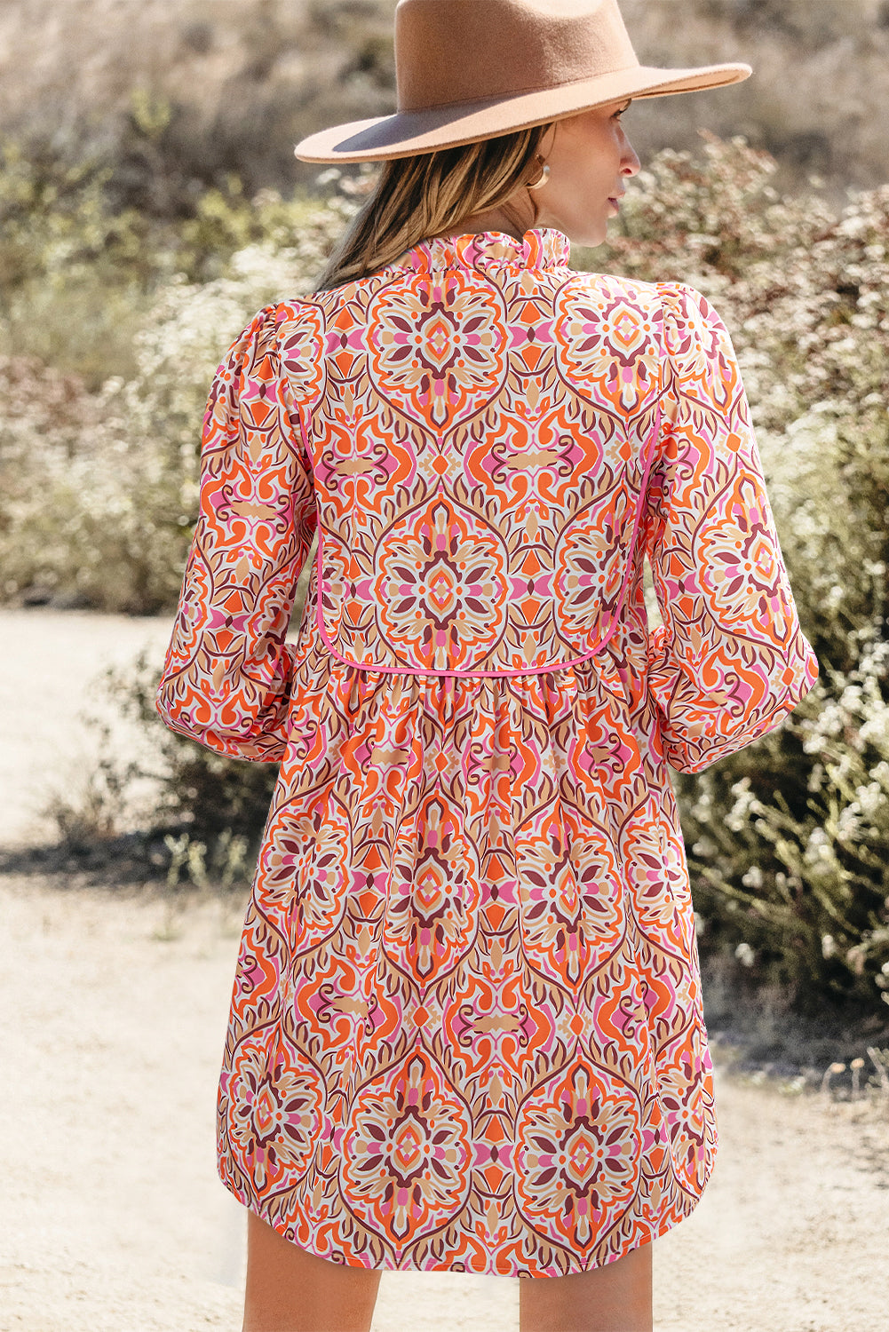 Threaded Pear Aisha Long Sleeve Tied Neckline Mini Dress