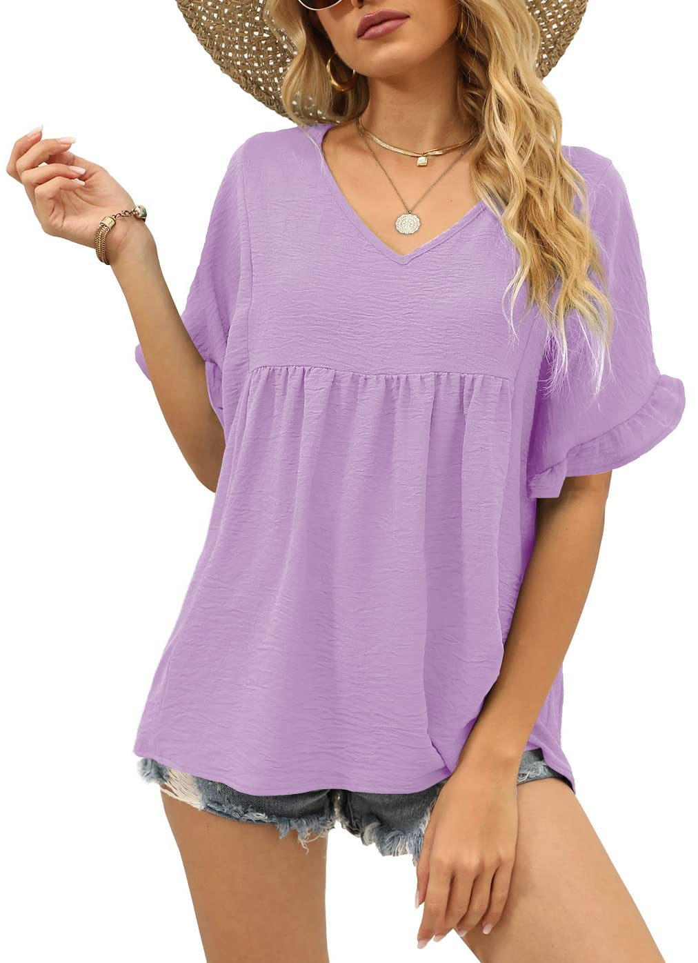 Womens Casual V Neck Ruffle Sleeve T Shirts Babydoll Loose Fit Peplum Tops