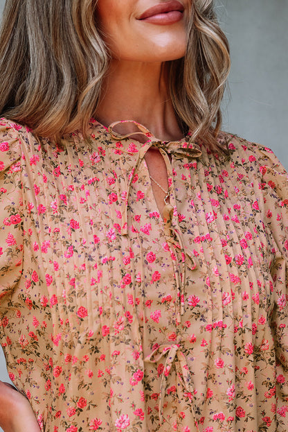 Threaded Pear Sadie Floral Bow Pin-tuck Bust Half Puff Sleeve Blouse