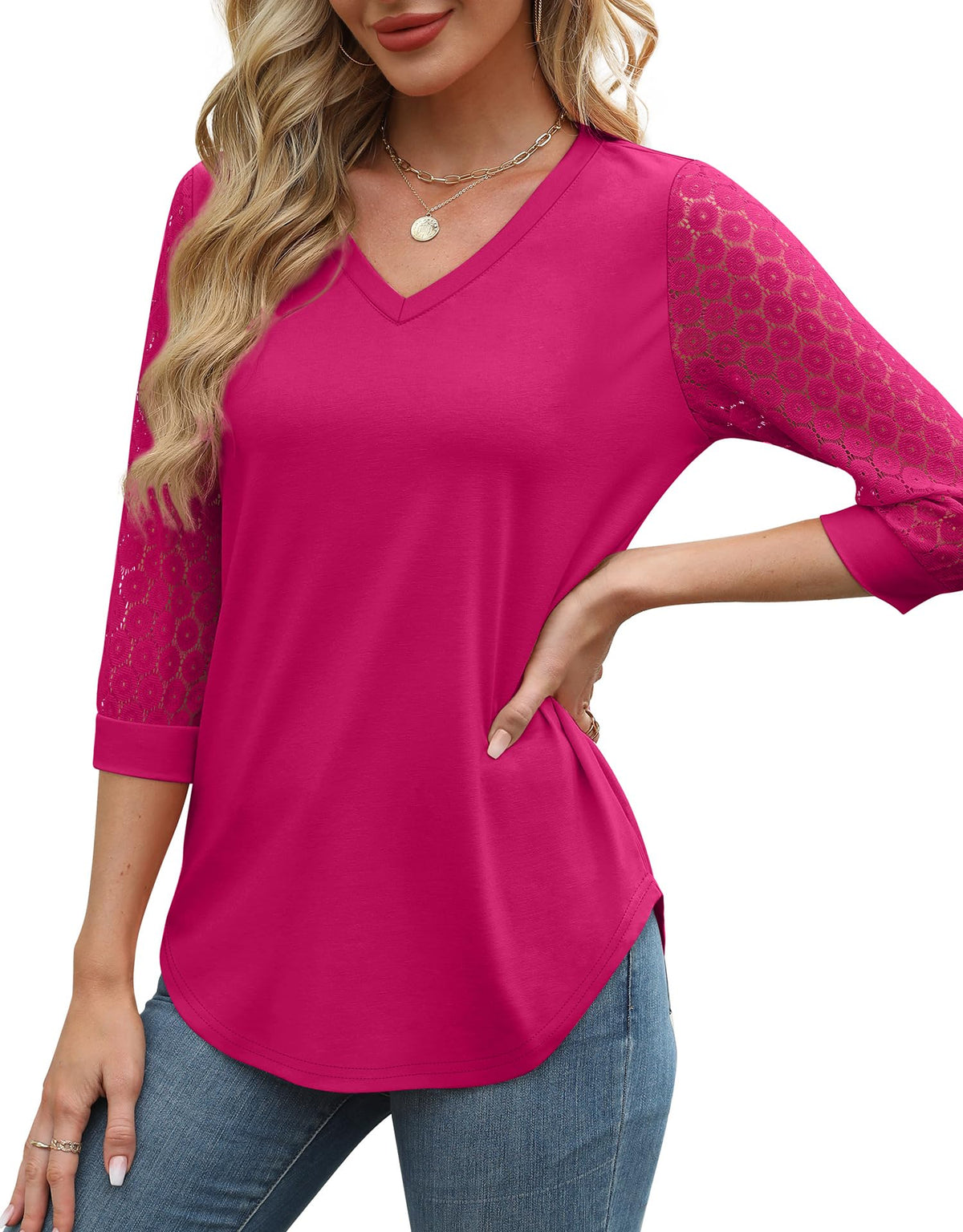 Womens 3/4 Length Sleeve V-Neck Lace Tunic Tops Business Casual Blouses