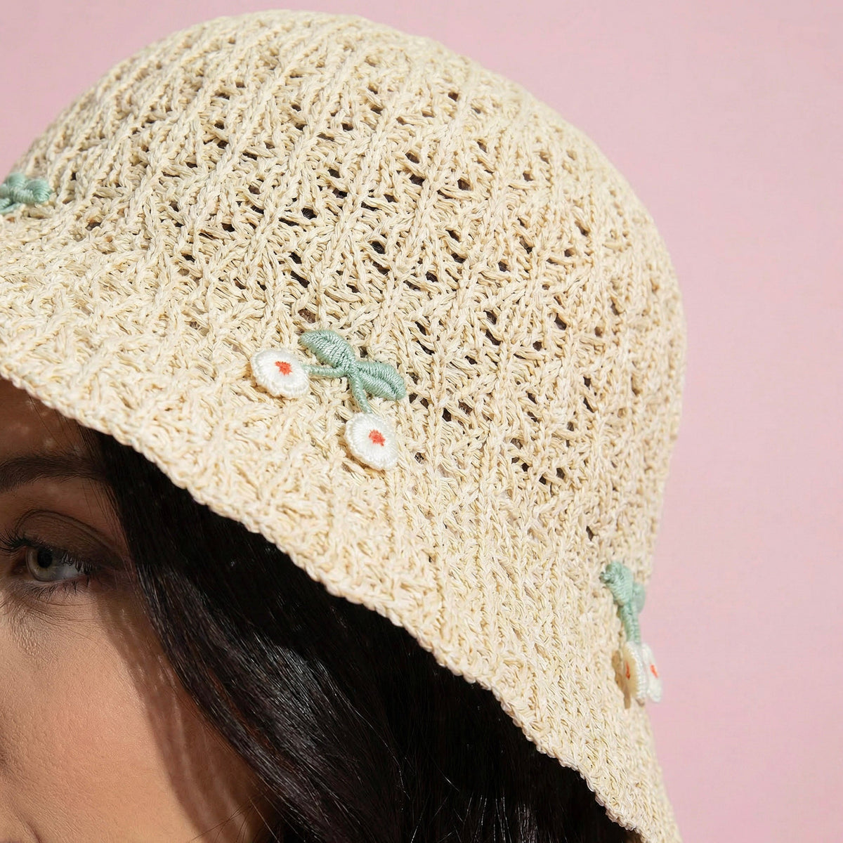 Anna-Kaci Women's Crochet Straw Sun Hat with Cherry Accents