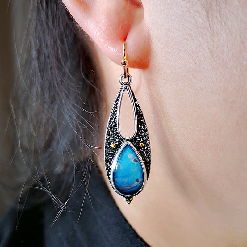 Vintage Blue Resin Tear-Drop Earrings | Boho Ethnic Tribal Dangle Earrings | Handmade Metal Long Pendant Earrings for Women | Luxury Moroccan-Style Statement Jewelry | 2026 High-Fashion Artisan Brincos