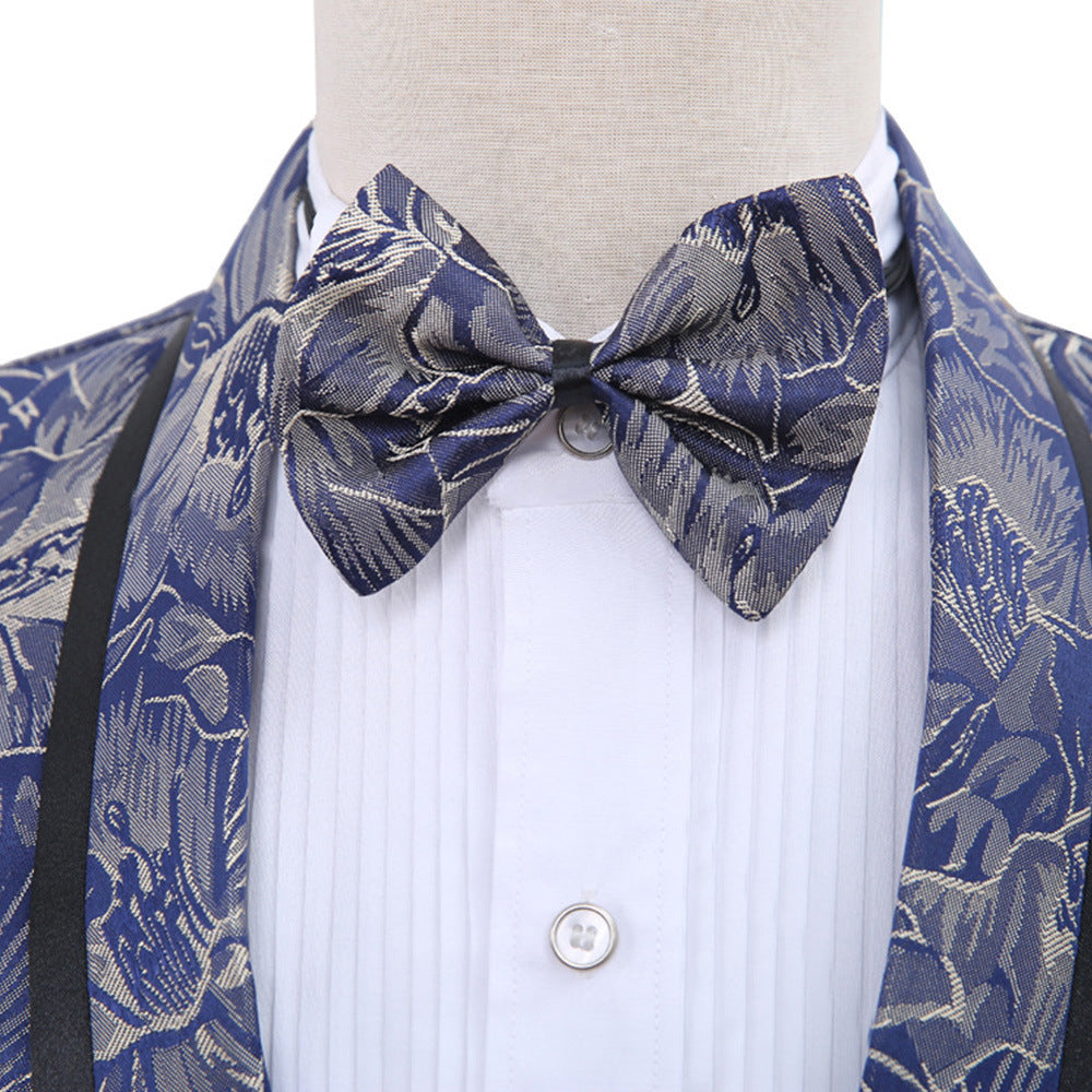 Men’s Blue Brocade British Two-Piece Suit | One-Button Shawl Lapel Tuxedo | Black Edge Detail Groom’s Dress Suit | Luxury Jacquard Party & Wedding Suit
