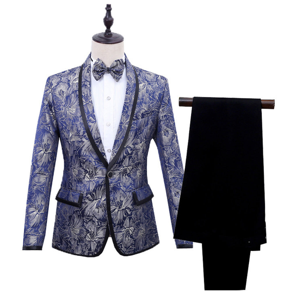 Men’s Blue Brocade British Two-Piece Suit | One-Button Shawl Lapel Tuxedo | Black Edge Detail Groom’s Dress Suit | Luxury Jacquard Party & Wedding Suit