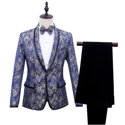Men’s Blue Brocade British Two-Piece Suit | One-Button Shawl Lapel Tuxedo | Black Edge Detail Groom’s Dress Suit | Luxury Jacquard Party & Wedding Suit