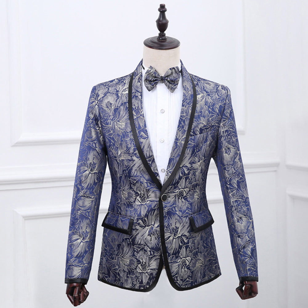 Men’s Blue Brocade British Two-Piece Suit | One-Button Shawl Lapel Tuxedo | Black Edge Detail Groom’s Dress Suit | Luxury Jacquard Party & Wedding Suit