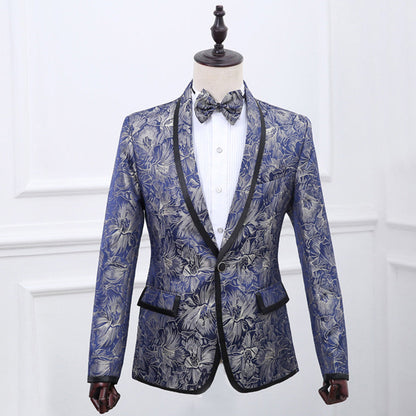 Men’s Blue Brocade British Two-Piece Suit | One-Button Shawl Lapel Tuxedo | Black Edge Detail Groom’s Dress Suit | Luxury Jacquard Party & Wedding Suit