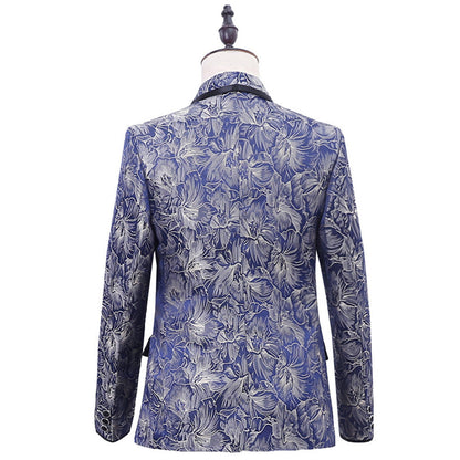 Men’s Blue Brocade British Two-Piece Suit | One-Button Shawl Lapel Tuxedo | Black Edge Detail Groom’s Dress Suit | Luxury Jacquard Party & Wedding Suit