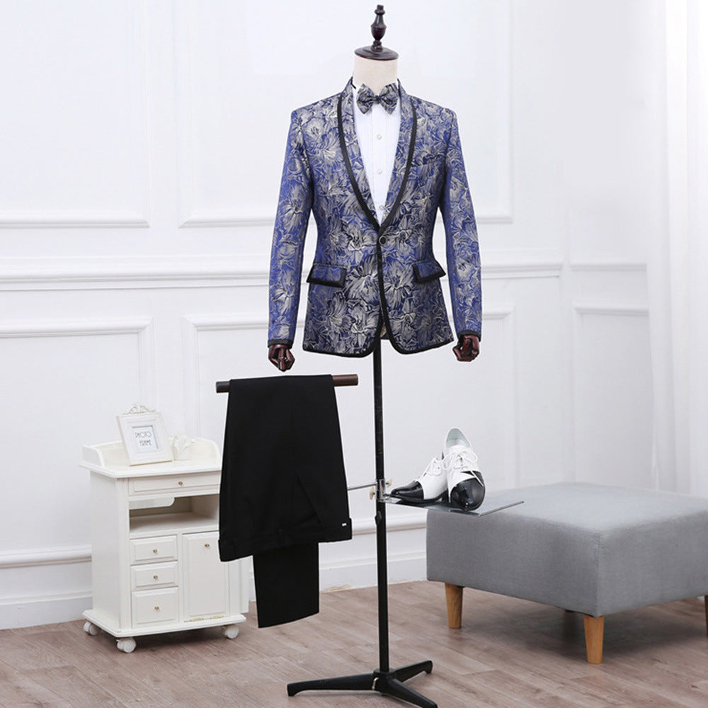 Men’s Blue Brocade British Two-Piece Suit | One-Button Shawl Lapel Tuxedo | Black Edge Detail Groom’s Dress Suit | Luxury Jacquard Party & Wedding Suit
