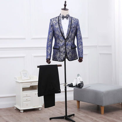 Men’s Blue Brocade British Two-Piece Suit | One-Button Shawl Lapel Tuxedo | Black Edge Detail Groom’s Dress Suit | Luxury Jacquard Party & Wedding Suit