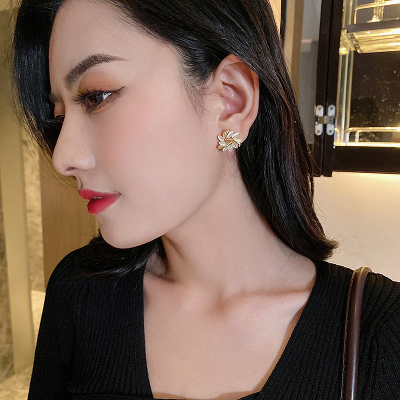 Luxury Cat’s Eye Flower Earrings | High-Sense Opal Geometric Studs | Square & Triangle Iridescent Jewelry | Elegant Floral Opal Earrings for Women