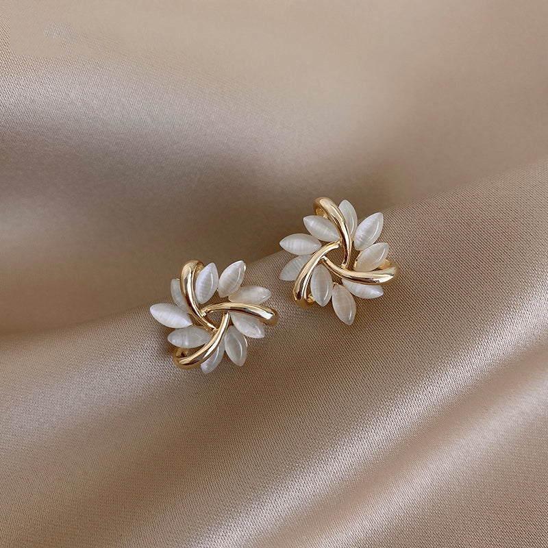 Luxury Cat’s Eye Flower Earrings | High-Sense Opal Geometric Studs | Square & Triangle Iridescent Jewelry | Elegant Floral Opal Earrings for Women