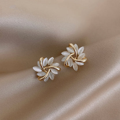 Luxury Cat’s Eye Flower Earrings | High-Sense Opal Geometric Studs | Square & Triangle Iridescent Jewelry | Elegant Floral Opal Earrings for Women