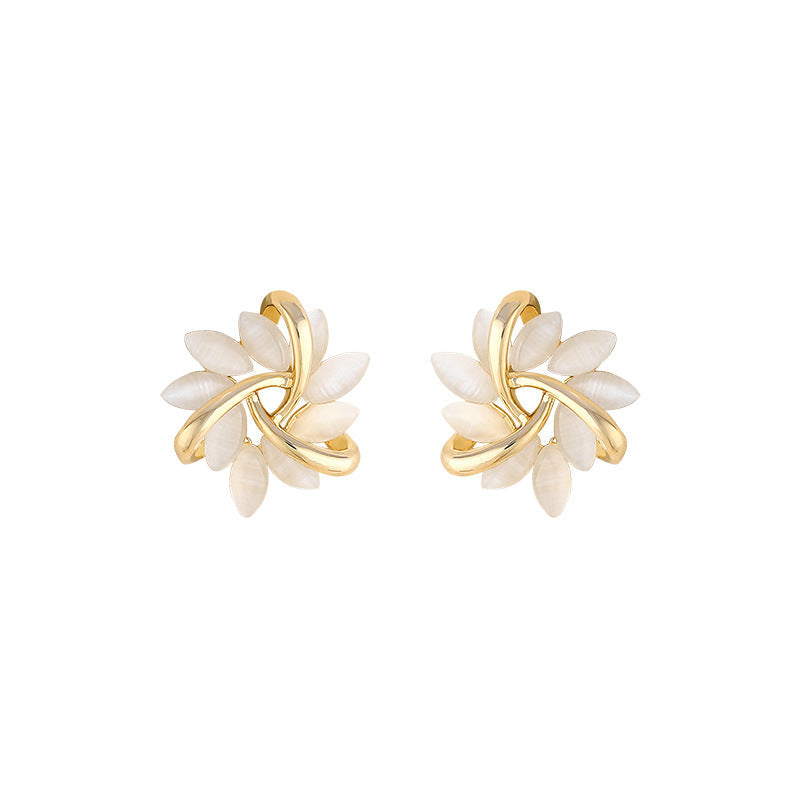 Luxury Cat’s Eye Flower Earrings | High-Sense Opal Geometric Studs | Square & Triangle Iridescent Jewelry | Elegant Floral Opal Earrings for Women