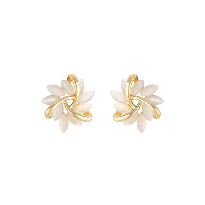 Luxury Cat’s Eye Flower Earrings | High-Sense Opal Geometric Studs | Square & Triangle Iridescent Jewelry | Elegant Floral Opal Earrings for Women