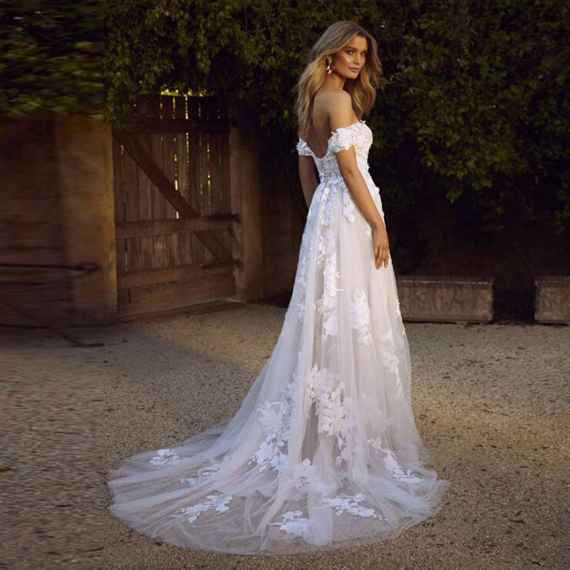 Off-The-Shoulder Lace Wedding Dress | Elegant A-Line Bridal Gown with Appliques | Princess Style Tulle Bride Dress | Luxurious Floor-Length Wedding Gown 2026