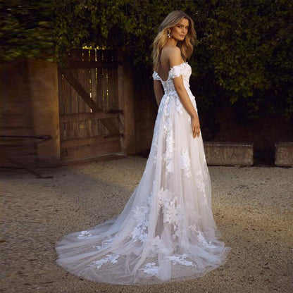 Off-The-Shoulder Lace Wedding Dress | Elegant A-Line Bridal Gown with Appliques | Princess Style Tulle Bride Dress | Luxurious Floor-Length Wedding Gown 2026