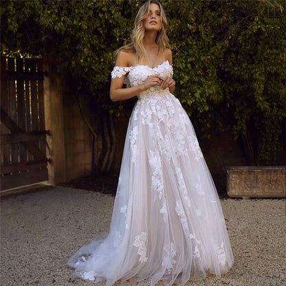 Off-The-Shoulder Lace Wedding Dress | Elegant A-Line Bridal Gown with Appliques | Princess Style Tulle Bride Dress | Luxurious Floor-Length Wedding Gown 2026