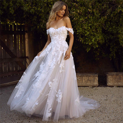 Off-The-Shoulder Lace Wedding Dress | Elegant A-Line Bridal Gown with Appliques | Princess Style Tulle Bride Dress | Luxurious Floor-Length Wedding Gown 2026