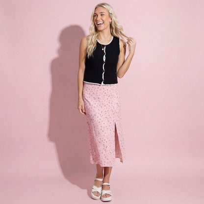 Anna-Kaci Sleeveless Knit Button Front Top with Contrast Trim Detail