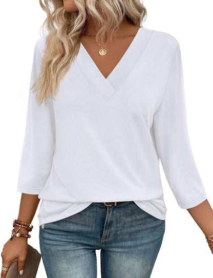 ✨Women's Trendy V Neck 3/4 Long Sleeve Tops Loose Fit Blouse