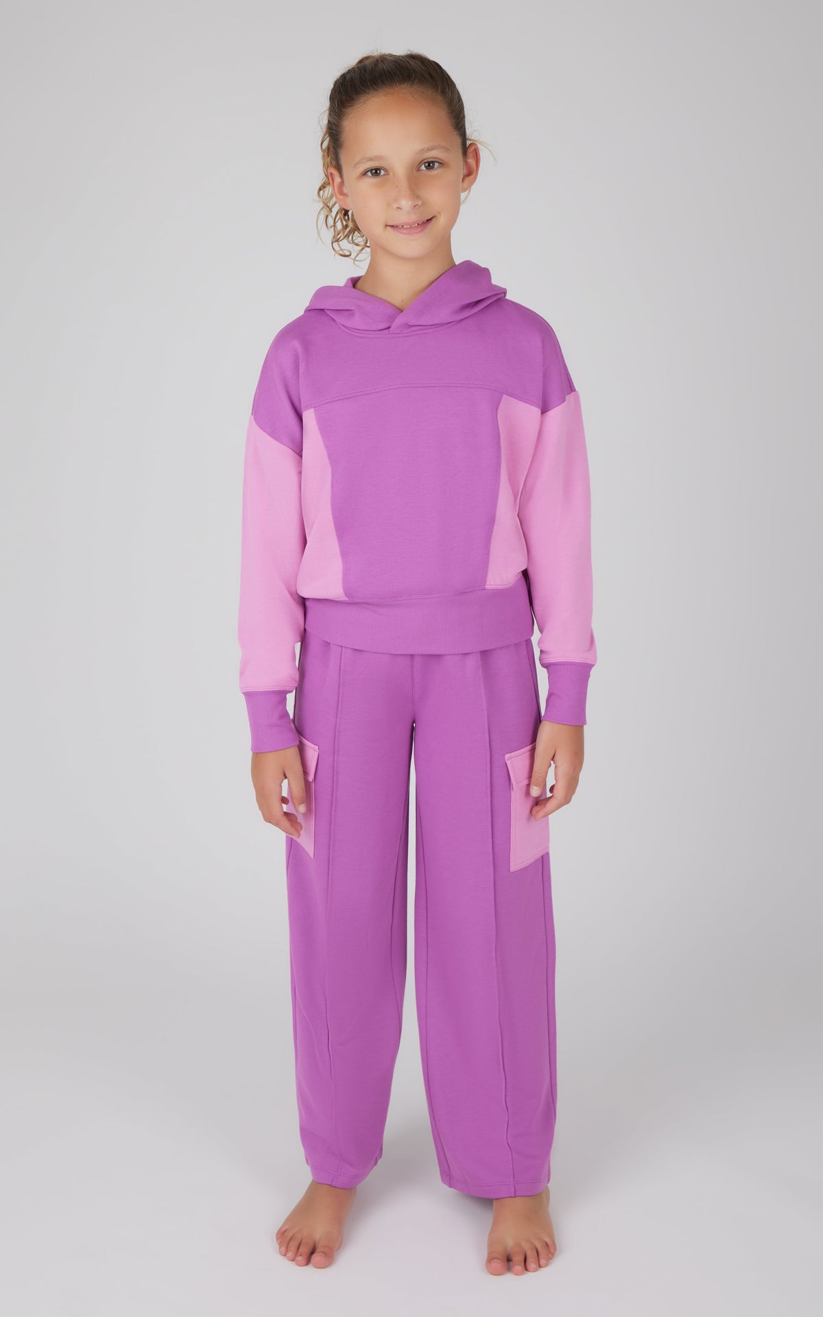90 Degree by Reflex Girls 2 PC Terry Brushed Color Block Sweatshirt and Wide Leg Sweatpant
