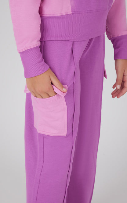 90 Degree by Reflex Girls 2 PC Terry Brushed Color Block Sweatshirt and Wide Leg Sweatpant