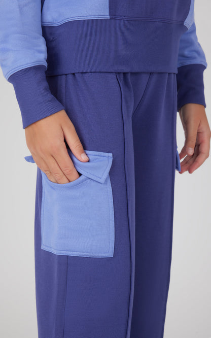 90 Degree by Reflex Girls 2 PC Terry Brushed Color Block Sweatshirt and Wide Leg Sweatpant